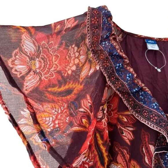 Old Navy Dress  Defined  Waist Chiffon Ruffle Midi Red Orange Floral LP #2208 - Picture 5 of 16